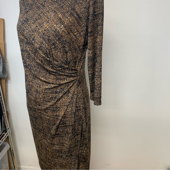 Talbots Midi Dress  MP Brown Print Ruched  3/4 Sleeve Stretch Office Travel Work - Picture 4 of 8